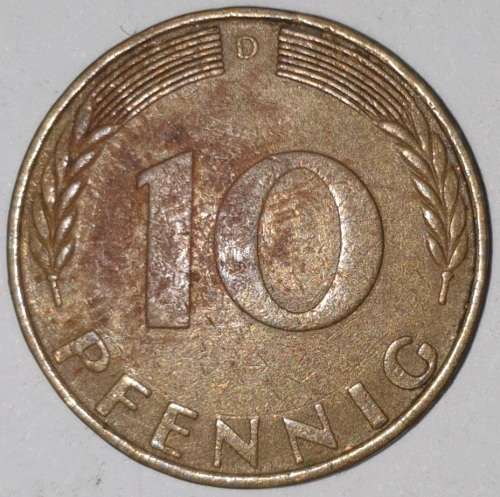 1970 D - 10 PFENNIG - TEN PFENNIG - GERMANY - FEDERAL REPUBLIC - (Brass Clad Steel) KM# 108